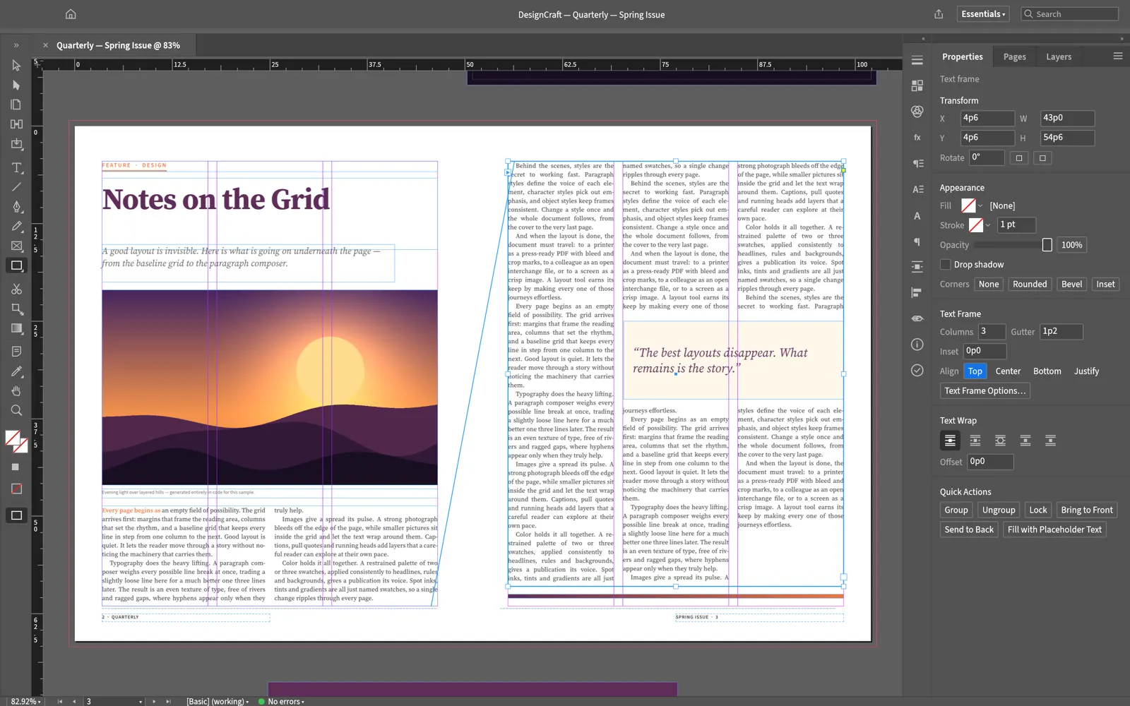 DesignCraft laying out a magazine spread with threaded three-column text and a pull quote