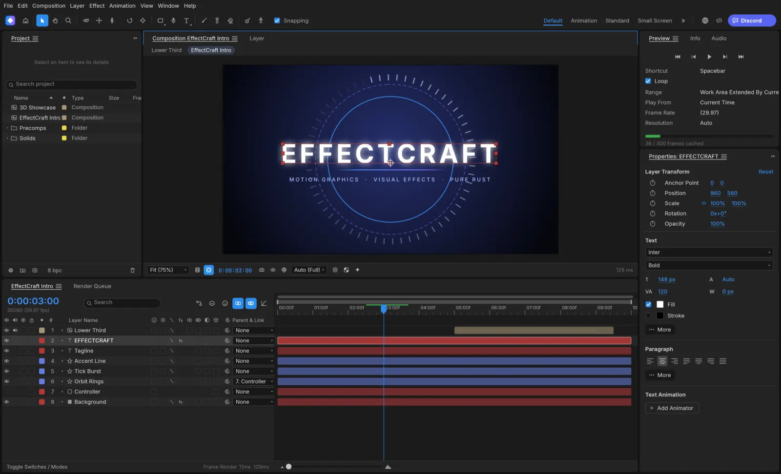 EffectCraft's main window with a composition, timeline with text and shape layers, and the Properties panel