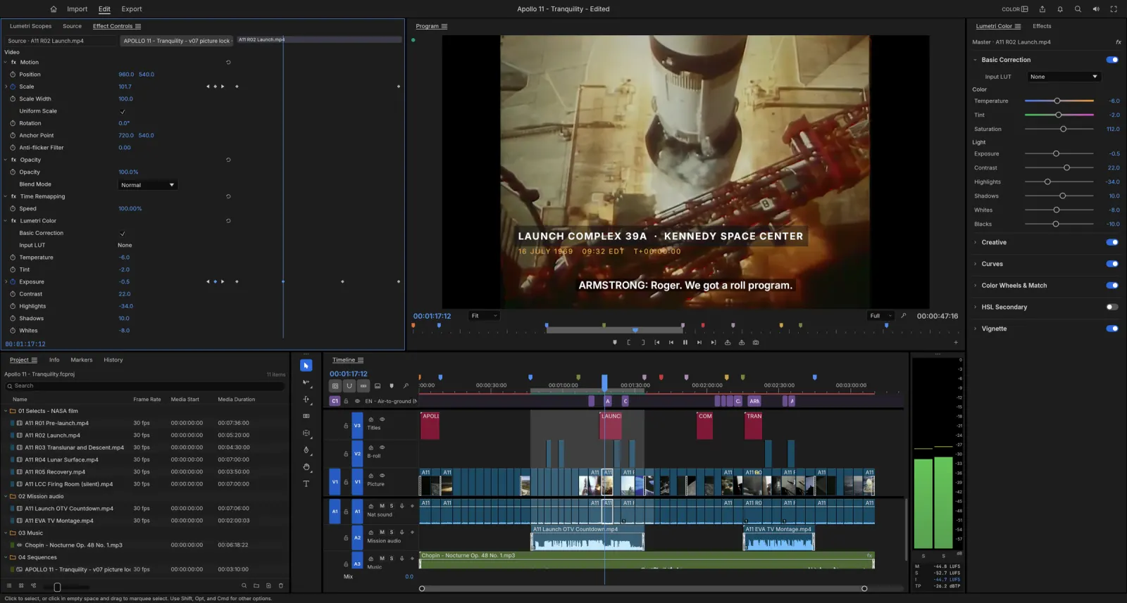 FilmCraft editing a documentary of the Apollo 11 mission with the timeline, monitors and effect controls