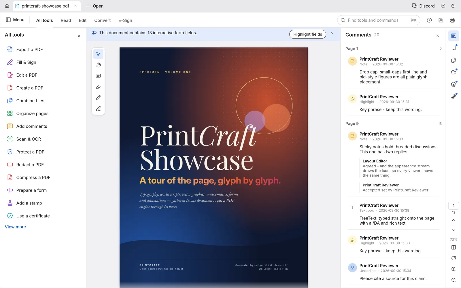 PdfCraft showing a showcase PDF with the All tools panel and threaded comments