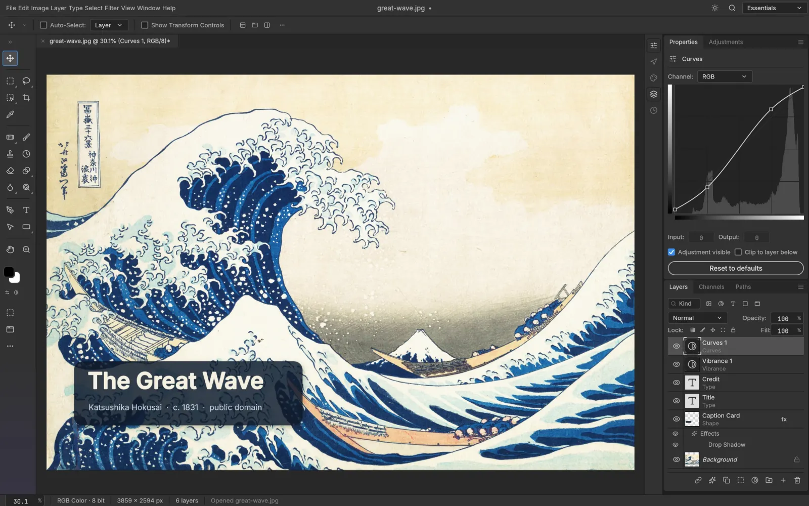 PhotoCraft, the ArtCraft Photoshop alternative, editing Hokusai's The Great Wave with type layers and adjustment layers