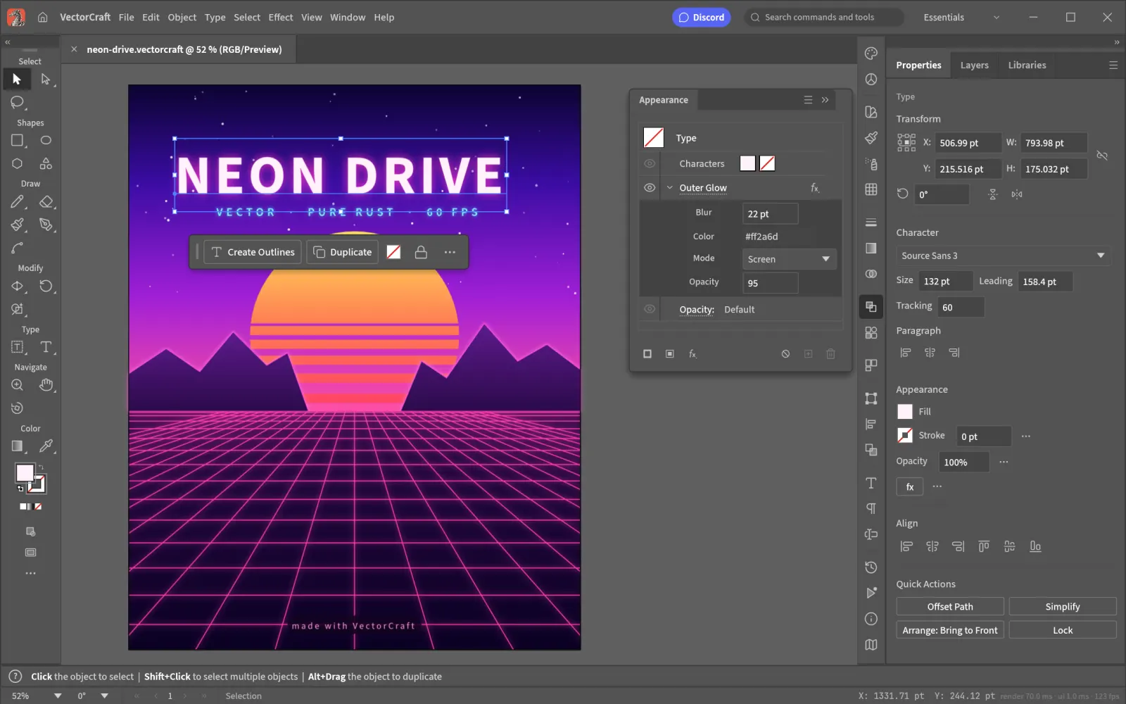 VectorCraft showing the Neon Drive synthwave poster with glowing type and a Pathfinder-cut sun