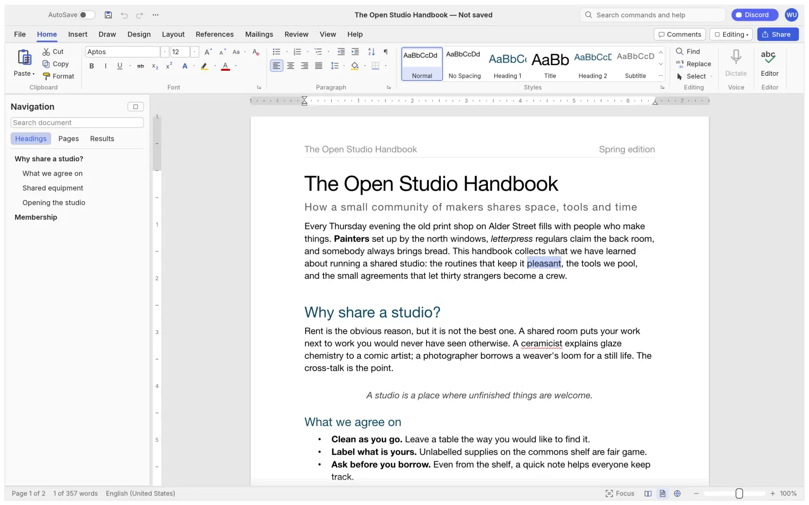 WordCraft with the ribbon, Styles gallery, rulers and Navigation pane open on a sample handbook